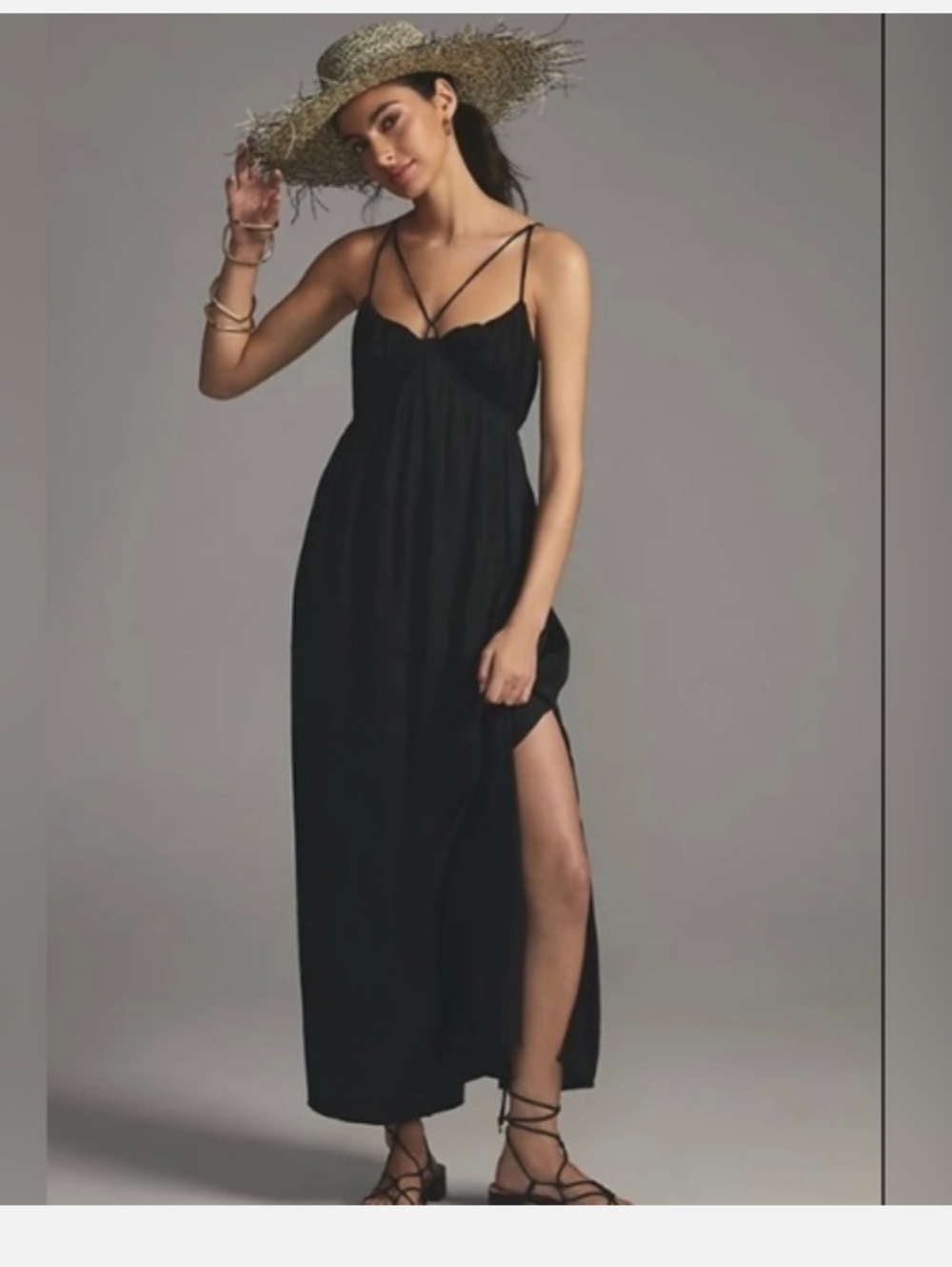 Anthropologie Black Strappy Maxi Sundress With Side Slit, Size 1X